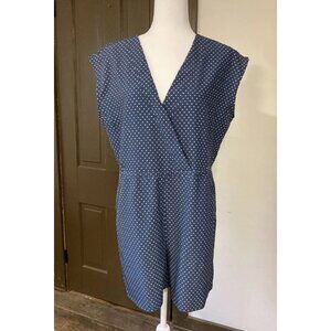 Emma & Michele Sleeveless Retro V-Neck Polka Dot Blue Straight Leg Romper